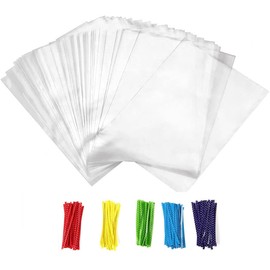 Newkita Small Cellophane Bags, Clear Gift Treat Bags for Candy, Cake Pops, Goodies & Party Favors with 4'' Ties, 100PCS (4'' x 6'')