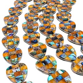 AlohaGemsUSA Spiny Oyster & Abalone Shell Beads - Native American Style (Handcrafted Mosaic Inlay Artistry with Meticulous Workmanship) Heart 20mm (Half Strand 8 Inches - 10 Beads)