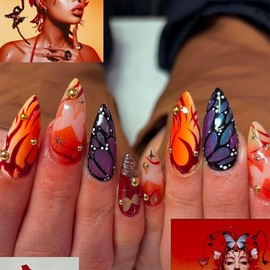 Medium Length Press on Nails Almond Fake Nails Butterfly False Nails with 3D Charms Designs 24Pcs Natural Reusable Acrylic Nails for Women Girls