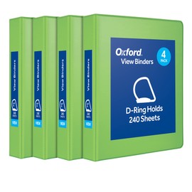 Oxford® 3 Ring Binders, Durable Binders for School and Office, Durable 1 inch D Rings, Holds 240 Sheets, ClearVue Presentation Binder, Green, 4PK