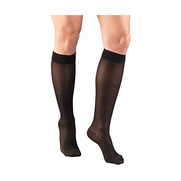 Truform Sheer Compression Stockings, 15-20 mmHg, Women's Knee High Length, Diamond Pattern, Black, Medium
