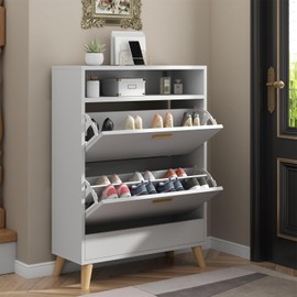 Gyfimoie Shoe Storage Cabinets, Free Standing Shoe Organizer with 2 Flip Drawers for Entryway, Narrow 3 Tier Entryway Hidden Shoe Rack with Doors (Off White)