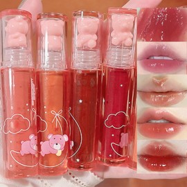 LuckNest 4 Colors Bear Lip Glaze Jelly Lip Gloss, Hydrating Liquid Lipstick Cute Bear Lipgloss Moisturizing Lip Stain Plumping Water Lip Gloss Waterproof Long Lasting Cheek Rouge Tint Makeup