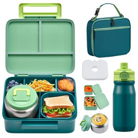 MAISON HUIS Kids Bento Box Set - Includes 8oz Soup Thermo, Insulated Lunch Bag & 17oz Stainless Steel Water Bottle, 4-Compartment Bento Box with Built-In Ice Pack, Leak-Proof & BPA-Free(Green)