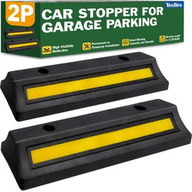 2 Pack Garage Parking Aid, 18.9'' Parking Stopper for Garage, Heavy Duty Rubber Garage Car Stopper with Reflective Yellow Tape Curb, Parking Gadgets Protects Car and Garage Walls