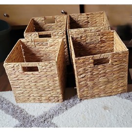 Kosmeey Set of 4 Storage Baskets Wicker Cube Baskets Foldable Handwoven Water Hyacinth Laundry Organizer,10 * 10 inches Woven Baskets, Wicker Storage Basket, Water Hyacinth Storage Baskets (4)
