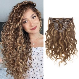 Loxxy Clip in Human Hair Extensions Natural Wave 16inch #P4/27 Dark Brown Mixed with Caramel Blonde Real Human Hair Extensions for Women Double Weft 120g/set 7Pcs/lot And 17 Clips Per Pack