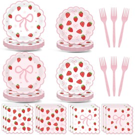 96Pcs Strawberry Party Plates and Napkins Bow Berry Sweet Scalloped Birthday Plates Party Supplies Pink Coquette Strawberry Tableware for Girls Baby Shower Wedding Birthday Decor 24 Guests