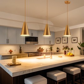 Dijiahua Gold Battery Operated Pendant Lights Kitchen Island 3 Pack with Remote Control,Wireless Rechargeable 12 Color Temperatures Lamp Fixtures with Brass Metal Shade, Modern Hanging Lighting