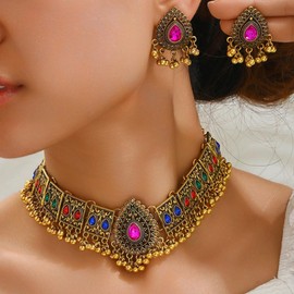 YANCHUN Indian Jewelry for Women Boho Wedding Bridal Necklace and Earrings Set Antique Oxidized Ethnic Party Prom Statement Necklace Earring