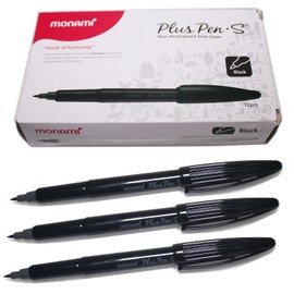 MONAMI Plus Pen S Water-based Felt Tip Fine Liner Pen - Black Body - Black Ink - Pack of 12
