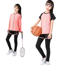 HYJEAL Kids' Sportswear, Girls, Yoga Wear, Training Wear, Running Wear, Top and Bottom 4/5 Piece Set, Fitness Jersey, Stretchy, Breathable, Sweat Absorbent, Quick Drying, Long Tights, Hoodie, Short