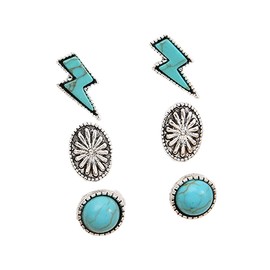Western Earrings for Women Natural Turquoise Earrings Western Jewelry Lightning Bolt Stud Earrings Set 80s 90s Accessories, Metal Stone, Turquoise