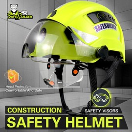 SAFEBUILDER Safety Hard Hats with Visor Industrial Work Hard Hats Adjustable Vents Head Protection Construction Hardhats ANSI Approved (Green+Clear+Tinted Visor)