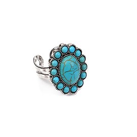 IMINI Turquoise Ring for Women Girls Boho Flower Oval Open Adjustable Retro Stackable Joint Finger Ring American Western Cowgirl Antique Jewelry Gemstone Simulated Ring Birthday Graduation Gifts