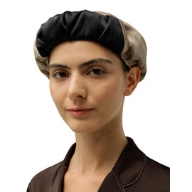 LILYSILK 1pc Women 100% Silk Sleep Cap Reversible Mulberry Silk Bonnet Elastic Adjustable Hair Wrap Night, Black & Light Coffee