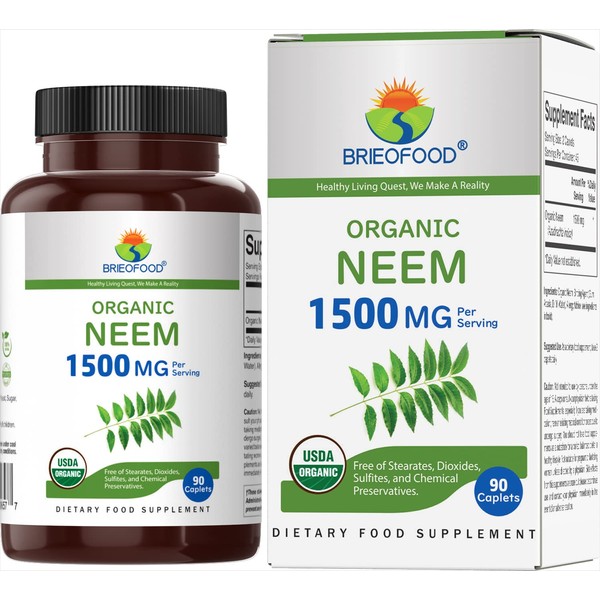 Brieofood Organic Neem 1500mg, 45 Servings, Vegetarian, Gluten Free, 90 Vegetarian Tablets