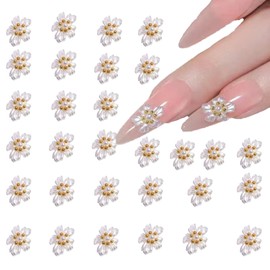 30Pcs Flower Nail Charms with Gold Rhinestones Design White Pearl Glue on Flower Charms White Flowers Nail Charm for Women Girls Spring Summer Manicure DIY Nail Decoration