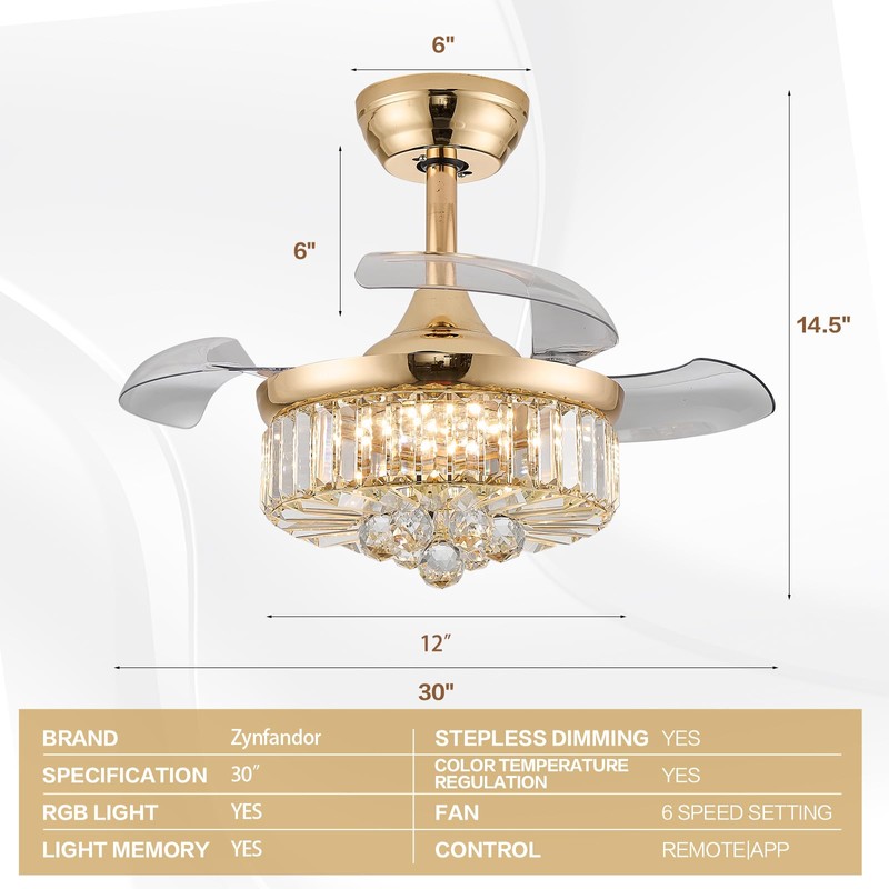 Zynfandor 30" Retractable Crystal Ceiling Fan with Light, RGB Modern