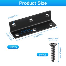 L Shape Angle Connector, Pack of 10 Metal Angle 80 x 20 mm Furniture Angle 90 Degree with 60 Screws, Black L Shaped Angle Connectors, L Brackets, Angle Connectors, Wood for Furniture