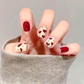 RUOKEXIN Valentine Red Press on Nails Short Fake Nails Square False Nails with Heart Designs Valentine Nail Press ons Heart Glue on Nails Sparkly Artificial Nails Cute Stick on Nails for Women 30Pcs