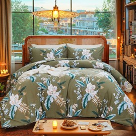 Merryword Natural Cotton 3pcs Floral Comforter Sets Queen Size - Avocado Green Comforter with White Flowers, Vintage Soft Reversible Lightweight Bedding Sets