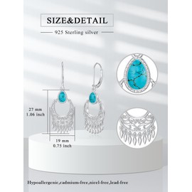 Flpruy Boho Earrings Silver 925 Women's Turquoise Earrings Vintage Jewellery Hanging Earrings for Women Girls Earrings, Sterling Silver