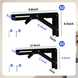 Xugoox 4 Pcs Folding Shelf Brackets, Heavy Duty Foldable Right Angle Shelving Brackets with Screws, Black Stainless Steel Wall Mounted Stands for Bench Table, Space Saving, 8 inch and 10 inch