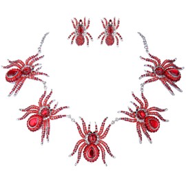 EVER FAITH Women's Rhinestone Austrian Crystal 5 Spider Insect Necklace Earrings Set Red Silver-Tone