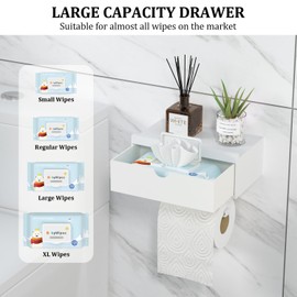 Domax White Toilet Paper Holder with Shelf,Wall Mount/Adhesive Bathroom Toilet Paper Holder,Bamboo Wood Tissue Toilet Roll Holder with Storage Drawer for Organizer Wipes,Fits Any Room, Large