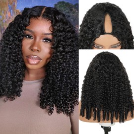 Burmese Curly V Part Wigs For Black Women Water Wave Human Hair V Part Wigs With Drawstring Beginner Friendly No Sew In Glueless Human Hair Wig With Spiral End 200% Density Natural Color 12inch