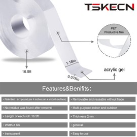 TSKECN Nano Double Sided Tape Heavy Duty (16.5FT) Multipurpose Removable Mounting Adhesive Grip Tape, Washable Reusable Traceless Clear Sticky Tape, Carpet Mat Poster Tape for Home/Office/Car/Wall