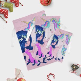 Grandkli Girl with Unicorn Christmas Drawstring Bags for Gifts Velvet Set, Christmas Sacks 3 Pc for Home Familys Decor
