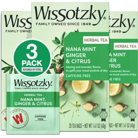 Wissotzky Nana Mint Ginger & Citrus Herbal Tea (3 Pack - 60 Tea Bags) | Zesty Blend | Caffeine Free Tea | Digestive Support