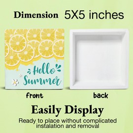 Summer Lemon Decor - Lemonade Decorations Hello Summer Wooden Decorative Sign Home Kitchen Decor for Desk Table Shelf 5 x 5 Inches