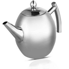 Double-walled teapot, stainless steel double-walled, stainless steel teapot with infuser filter and lid, large capacity polished water jug for loose tea, green tea, coffee (1.5 L)