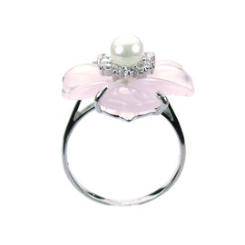 Dahlia Simulated Rose Quartz Flower Cultured Pearl Cubic Zirconia Silver Necklace 16" & Ring Size 5 Set
