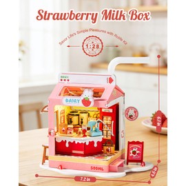 Robotime DIY Miniature House Kit, 1:28 Scale Tea Shop Scale Diorama Dollhouse with LED Lights, 3D Wooden Puzzle for Adults, Creative Crafts & Unique Gift for Craft Enthusiasts (Strawberry Milk Box)
