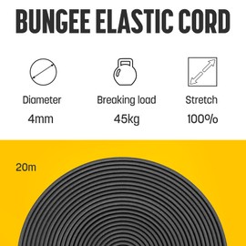 Kamu Synber Bungee Cord 4mm x 20m Elastic Shock Cord Bungee Rope for Tarpaulin, Kayak, Tie Down, Camping | Black