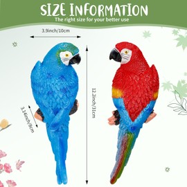 Jetec Parrot Decor Outdoor Tiki Bar Decor Large Realistic Parrot Statues Outside Lifelike Bird Sculptures Garden Patio Yard Lawn Figurines for Tropical Animal Tree Wall(2 Pcs,Blue, Red)