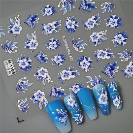2 Sheets Flower Nail Stickers 5D Embossed Flower Nail Art Decals Nail Design Self Adhesive Nail Decals for Nail Art Decoration Blue Pink White Flower Nail Art Supplies for Women DIY Manicure