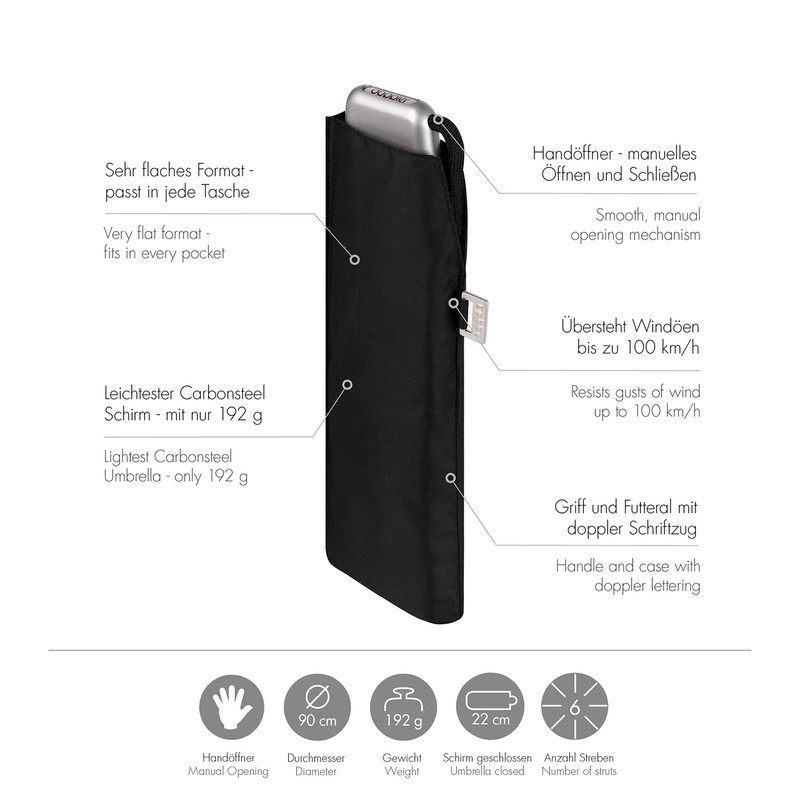 doppler Taschenschirm Carbonsteel Slim Uni – Handliches Format – Federleicht