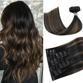 Ukira Balayage Hair Extensions for Women, 70g 20 Inch 7pcs Natural Black to Chestnut Brown Ombre Clip in Hair Extenisons Human Hair, Soft Natural Straight Rallonge Cheveux Humain