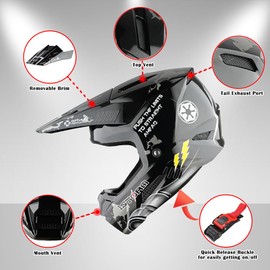 1Storm Youth Motocross Helmet ATV BMX MX Dirt Bike Go Kart Skate Kids Helmet Multi Sports Teenager DVader Silver + Goggles + Gloves Bundle