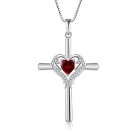 Oskani Cross Necklace for Women 925 Sterling Silver Heart Birthstone Angel Wing Cross Pendant Necklace Faith Dainty Jewelry Birthday for Wife Her, Sterling Silver, Cubic Zirconia