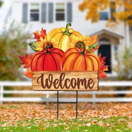 JarThenaAMCS Fall Yard Sign Metal Pumpkin Yard Stakes Maple Leaves Garden Stake Decorations Welcome Sign for Autumn Harvest Thanksgiving Outdoor Lawn Patio Walkway Decor