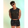 WDIRARA Men's 2 Piece Outfit Rhinestone Sequin Lace Mesh Crop