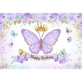 Xiaoterna 1.5 x 1 m Butterfly Birthday Background Happy Birthday Purple Butterfly Rose Photography Background Watercolour Flower Gold Sparkling Crown Photography Background
