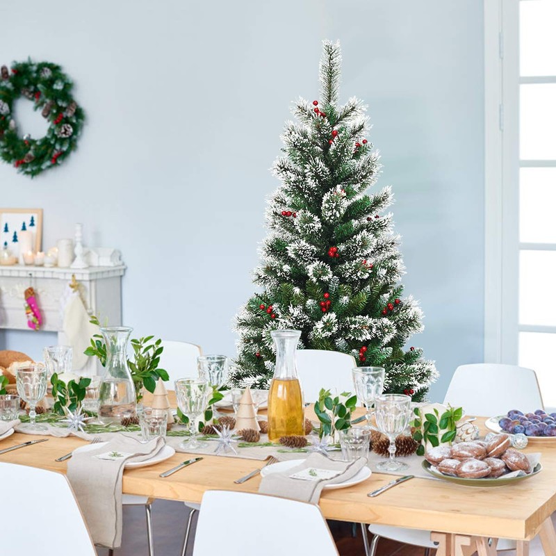 COSTWAY 150/180/210/240 cm Artificial Christmas Tree with Red Berries, Snow-Covered