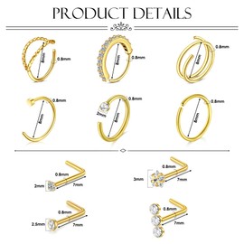 AVYRING 20G Nose Studs, L Shaped Screws with Diamond, Stainless Steel Nose Rings Set with CZ for Men and Women, Pack of 10, Stainless Steel